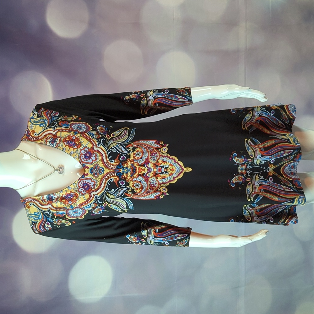 Evo Vorro sz M Colorful Paisley and Floral Print Long Sleeve Midi Dress